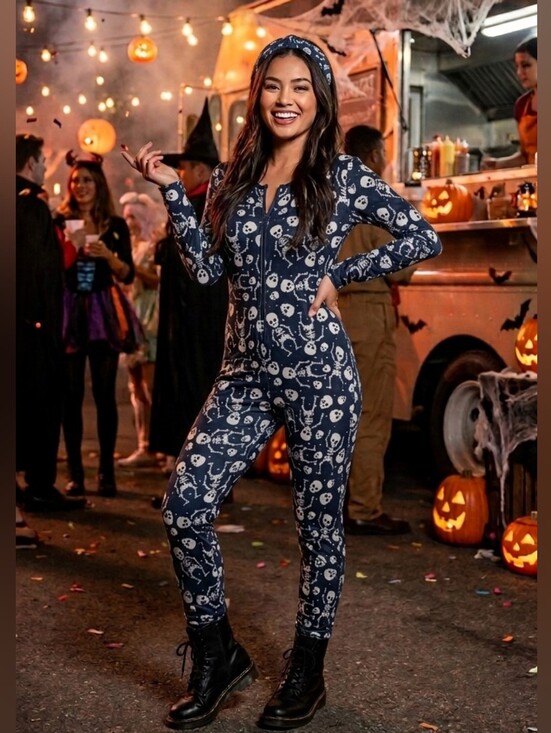 shosho Pants - Halloween Womans Bodysuit With Headband Skeleton, Bats, Skulls, Or Pumpkins
